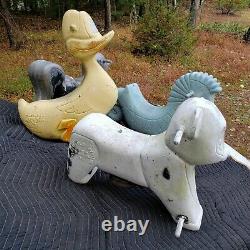 4-vintage-PLAYGROUND CAST ALUMINUM ANIMALS, by NEW BERLIN, PA. SEAHORSE, LAMB, DUCK