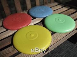 4 vintage Wham-O PLUTO PLATTER Flying Saucer Frisbee Discs Red Blue Green Yellow