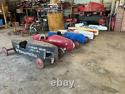 8 Vintage Soap Box Derby Cars. Different construction styles from 1939-1990