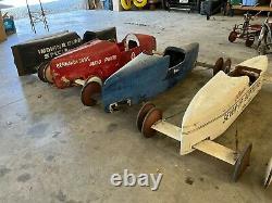 8 Vintage Soap Box Derby Cars. Different construction styles from 1939-1990