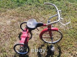 Antique 1948 Red Metal Boys/Girls Tricycle WithWire Basket & Hard Rubber Tires