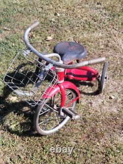 Antique 1948 Red Metal Boys/Girls Tricycle WithWire Basket & Hard Rubber Tires