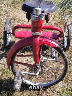 Antique 1948 Red Metal Boys/Girls Tricycle WithWire Basket & Hard Rubber Tires