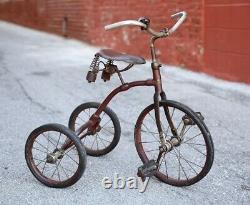 Antique Bicycle Trike Keystone Bell leather seat Prewar Bike Tricycle Red Old