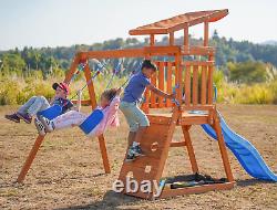 Dolphin Playground Wooden Swing Sets for Backyard, Outdoor Playset with Slide