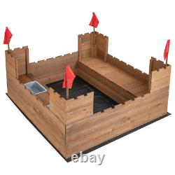 Kids Solid Wood Sandbox with 2 Bench Seats, Outdoor Sandpit with Storage Box & Flags