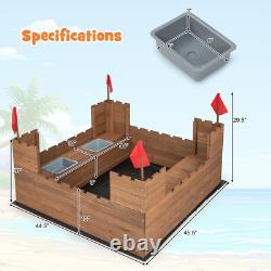 Kids Solid Wood Sandbox with 2 Bench Seats, Outdoor Sandpit with Storage Box & Flags