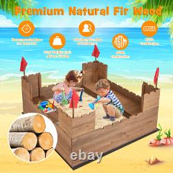 Kids Solid Wood Sandbox with 2 Bench Seats, Outdoor Sandpit with Storage Box & Flags