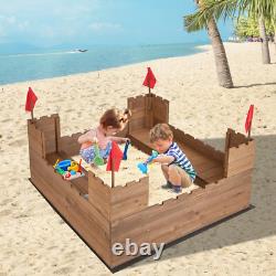 Kids Solid Wood Sandbox with 2 Bench Seats, Outdoor Sandpit with Storage Box & Flags