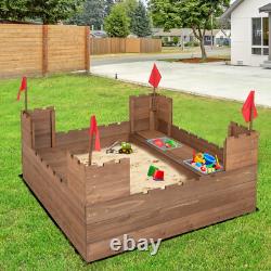 Kids Solid Wood Sandbox with 2 Bench Seats, Outdoor Sandpit with Storage Box & Flags