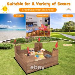 Kids Solid Wood Sandbox with 2 Bench Seats, Outdoor Sandpit with Storage Box & Flags