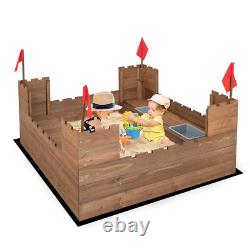 Kids Solid Wood Sandbox with 2 Bench Seats, Outdoor Sandpit with Storage Box & Flags