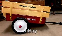 Radio Flyer Vtg Red Metal 2-Wheel Wood Rails Stakes Cargo Wagon Trailer. New
