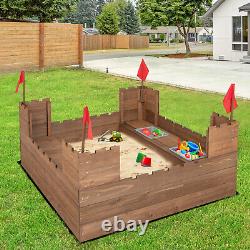 Solid Wood Kids Sandbox with 2 Bench Seats, Outdoor Sandpit with Storage Box & Flags