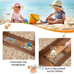 Solid Wood Kids Sandbox with 2 Bench Seats, Outdoor Sandpit with Storage Box & Flags