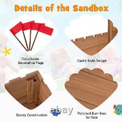 Solid Wood Kids Sandbox with 2 Bench Seats, Outdoor Sandpit with Storage Box & Flags