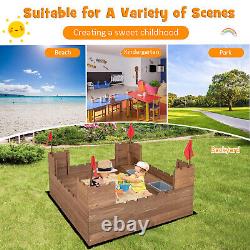 Solid Wood Kids Sandbox with 2 Bench Seats, Outdoor Sandpit with Storage Box & Flags