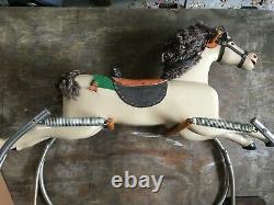VINTAGE HAND CARVED WOOD RIDE ON BOUNCY SPRING HORSE withGLASS EYES-RECONDITIONED
