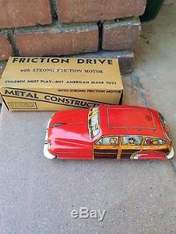 Vintage 1940's Lupor Tin Lithograph Toy Station Wagon with ORIGINAL BOX