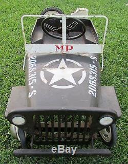 Vintage 1950's TRI-ANG Willys Military Police Jeep Land Rover Slot Rim Pedal Car