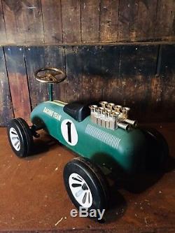 Vintage 1980s English Childs Sit On Ride On Toy Car British Racing Green