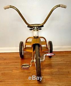 Vintage 50s-60s Tricycle Ez-Step 2-Step Gold Art Deco Large Fender Red Wall Tire