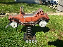 Vintage Cast Aluminum Spring Playground Toy J. E. Burke Co Red Car withwh wheel