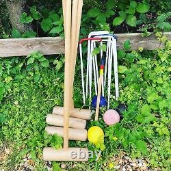 Vintage Croquet Set 4 Person Wooden Mallets Hooks Balls & Peg Adults GC