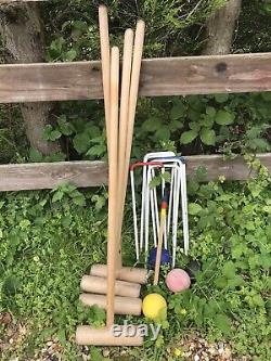 Vintage Croquet Set 4 Person Wooden Mallets Hooks Balls & Peg Adults GC