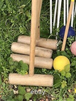 Vintage Croquet Set 4 Person Wooden Mallets Hooks Balls & Peg Adults GC