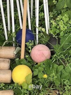 Vintage Croquet Set 4 Person Wooden Mallets Hooks Balls & Peg Adults GC