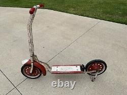 Vintage Ride On Kids Metal Red & White Scooter Wood Base Early 1940s