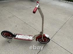 Vintage Ride On Kids Metal Red & White Scooter Wood Base Early 1940s