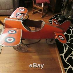 Vintage Scarce Metal Airplane Pedal Car Ride On Toy Orange with Logos RARE