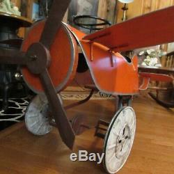 Vintage Scarce Metal Airplane Pedal Car Ride On Toy Orange with Logos RARE
