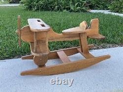 Vintage Solid Oak Wood Airplane Ride On Rocker Farmhouse Folk Art