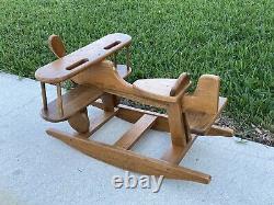 Vintage Solid Oak Wood Airplane Ride On Rocker Farmhouse Folk Art