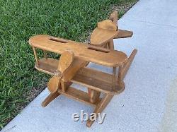 Vintage Solid Oak Wood Airplane Ride On Rocker Farmhouse Folk Art