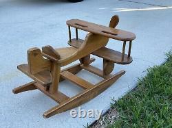 Vintage Solid Oak Wood Airplane Ride On Rocker Farmhouse Folk Art