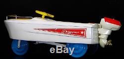Vintage Speed Boat Pedal Car Show White with Blue Wheels Metal Midget Model
