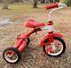 Vintage Tricycle Red White Metal Rideable Two Step As Is
