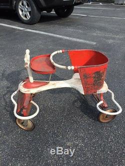 Vtg Antique Toddler Metal/ Wood Ride On Scooter Trike Metal Rubber Wheels Works