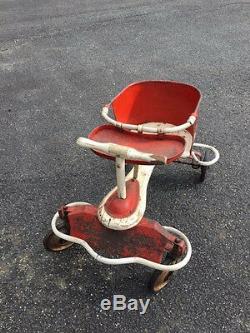 Vtg Antique Toddler Metal/ Wood Ride On Scooter Trike Metal Rubber Wheels Works